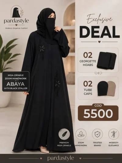 Deal 12 Abaya -Nida Crinkle Zoom Handwork Abaya