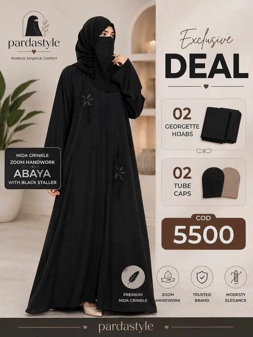 Deal 12 Abaya -Nida Crinkle Zoom Handwork Abaya