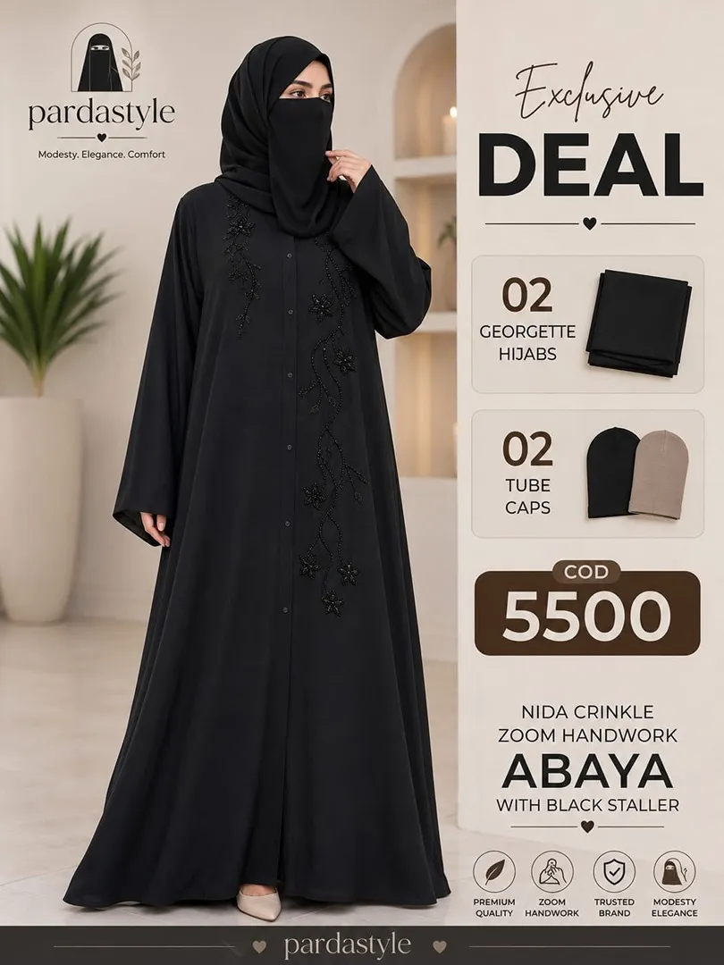 Deal 13 Abaya – Nida Crinkle Zoom Handwork Abaya